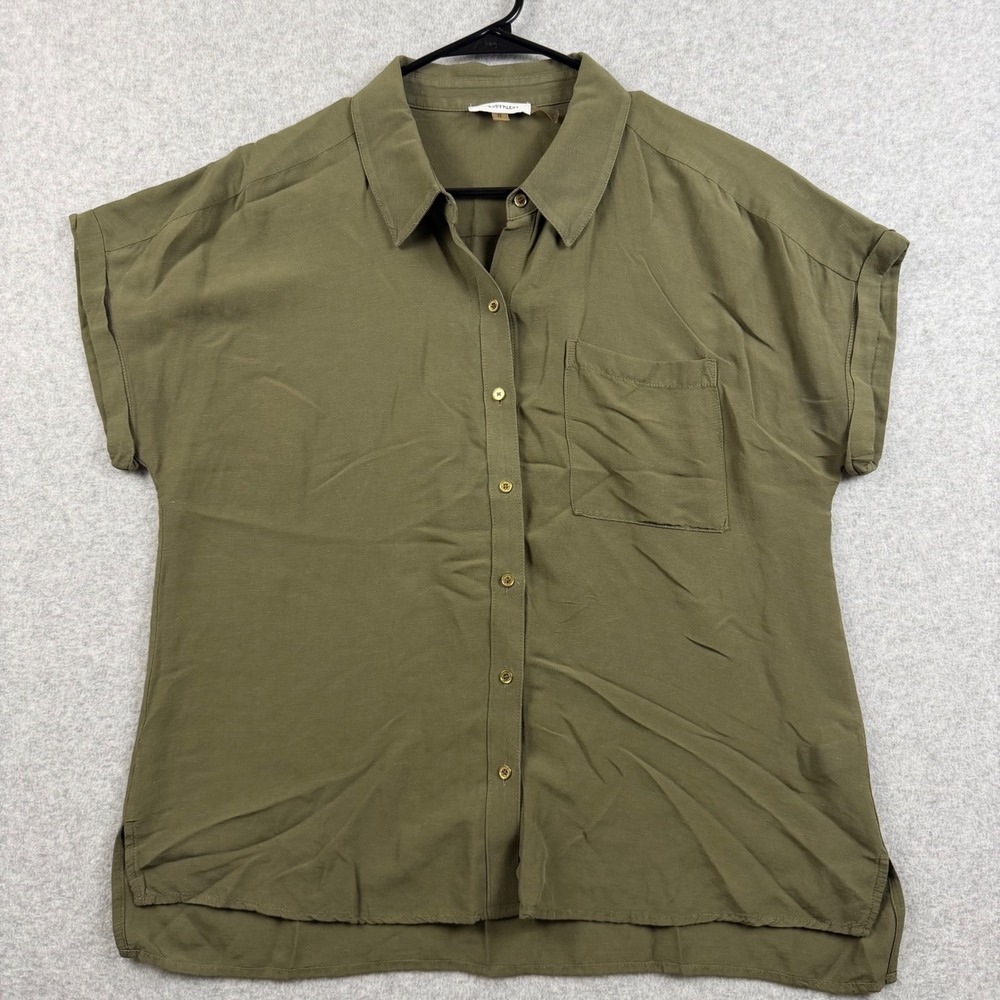 Calvin Klein Button Down Shirt Womens Medium Olive Green Short Sleeve Cuffed